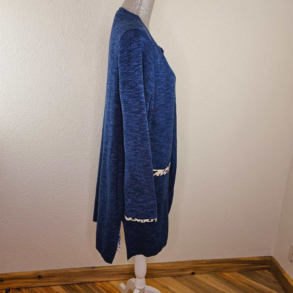 Chico's Artsy Long line Duster Sweater Cardigan Heathered Blue